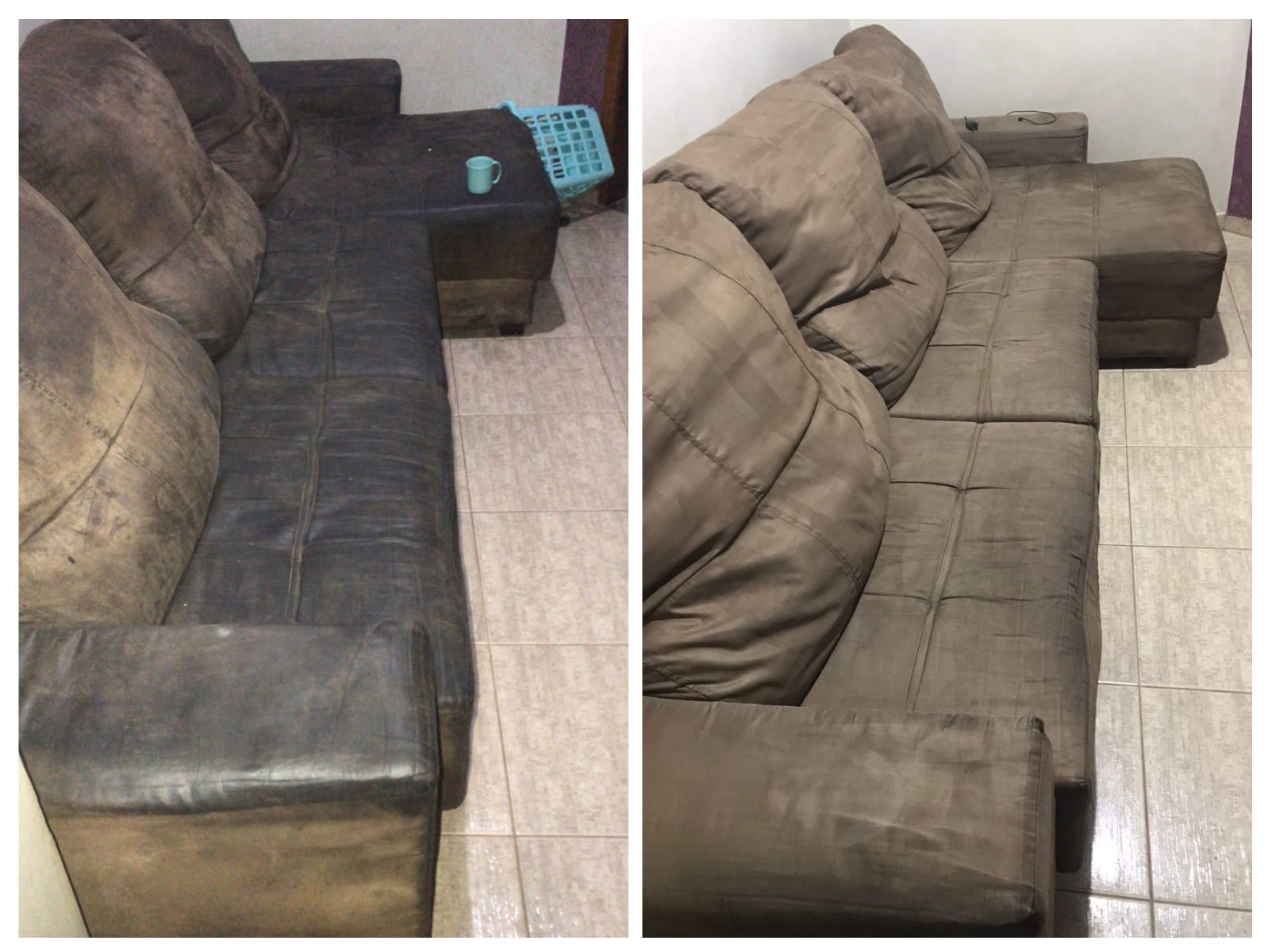 Antes e depois — Sofá Chaise em Suede Marrom