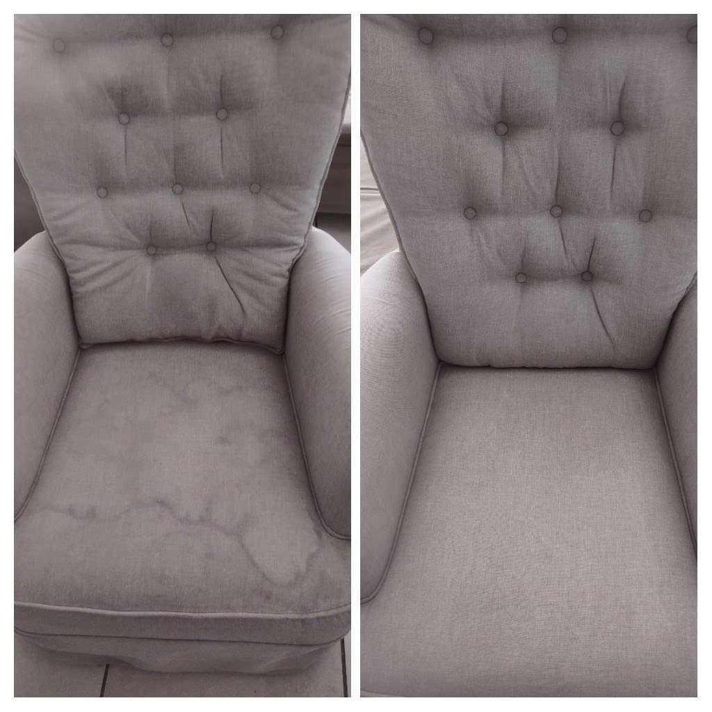 Antes e depois — Poltrona Tufada Cinza