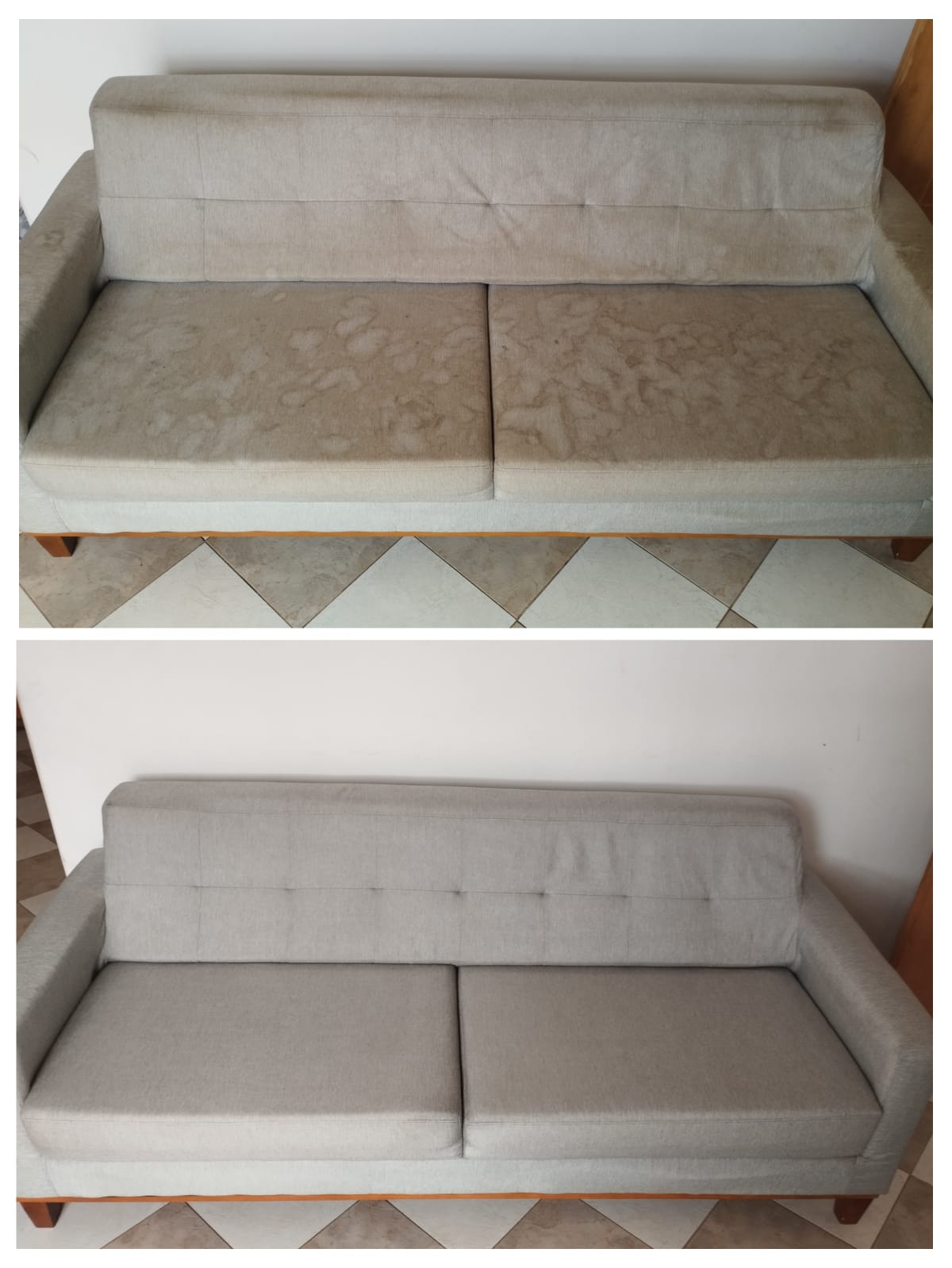 Antes e depois — Sofá Bege — Higienização Profunda